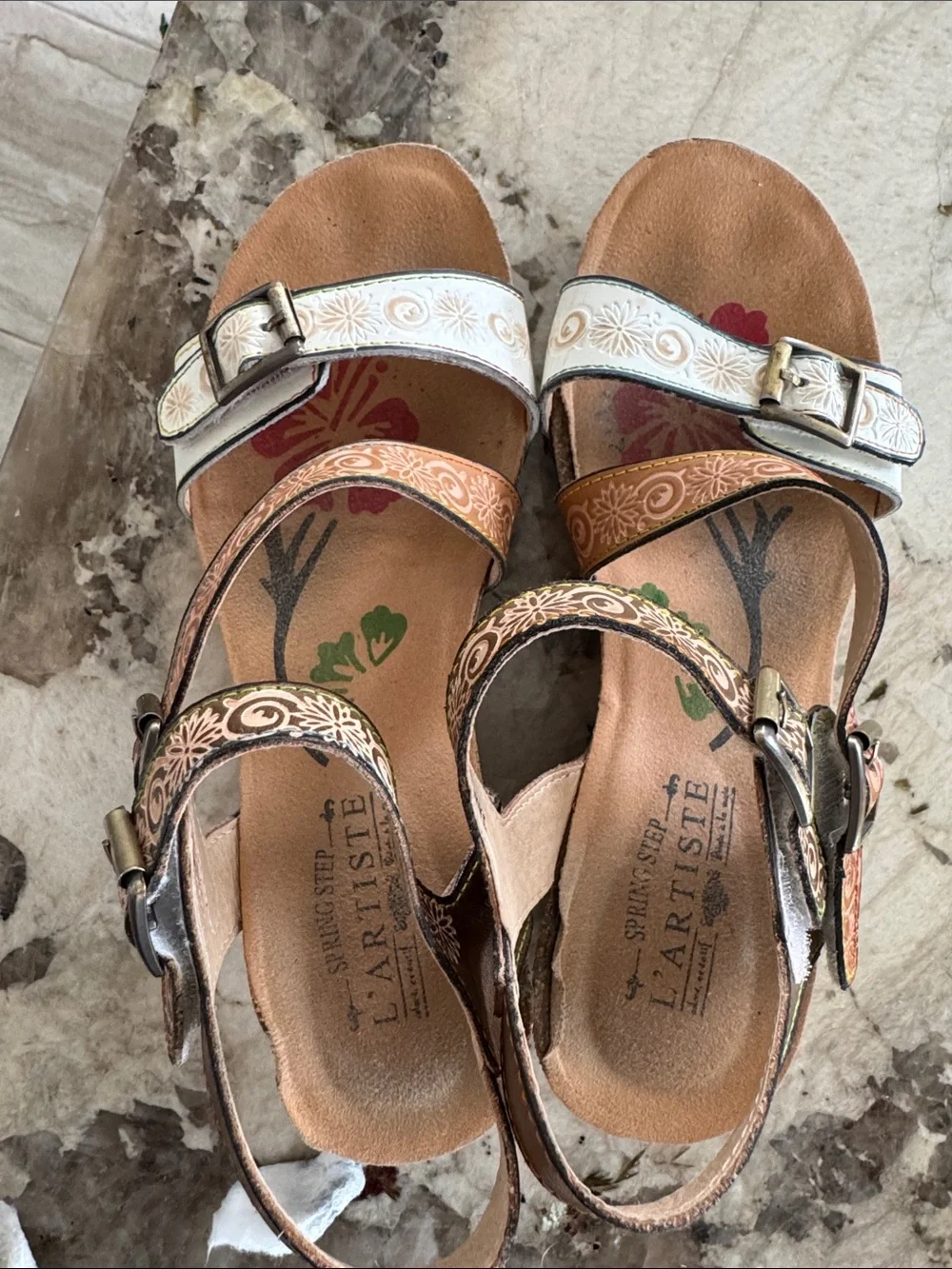 L'ATISTE Brown and White Floral Embossed Wedge Sandals